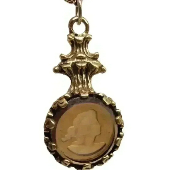 Vintage Goldette 3 Strand Cameo Necklace Amber Crystal Glass Intaglio 1950s - Picture 8 of 16